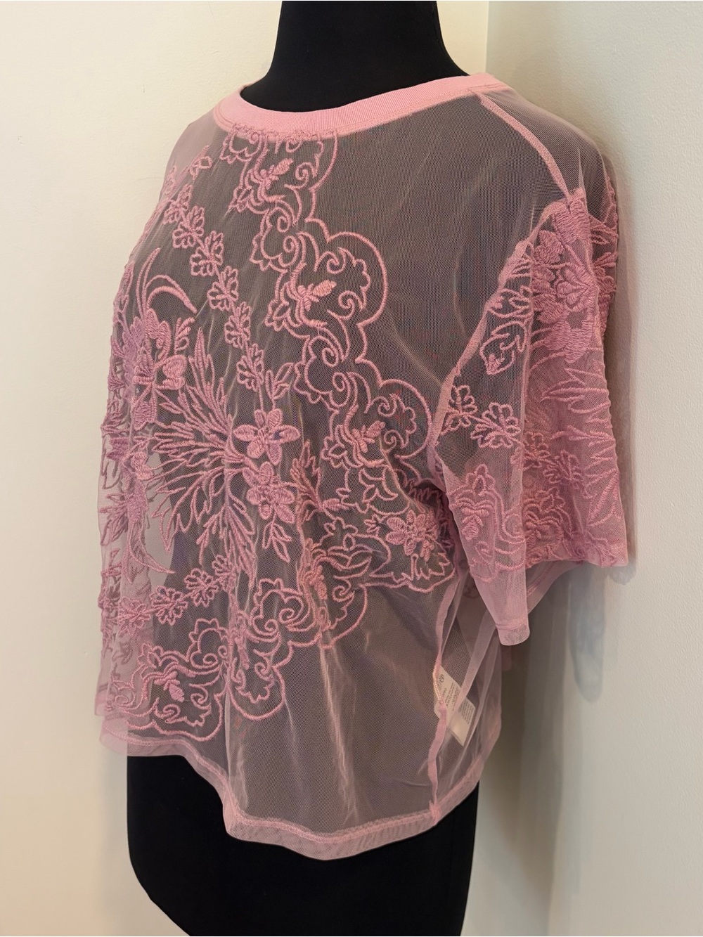 By Anthropologie Short-Sleeve Embroidered Mesh Blouse Top Sheer medium - Picture 6 of 12